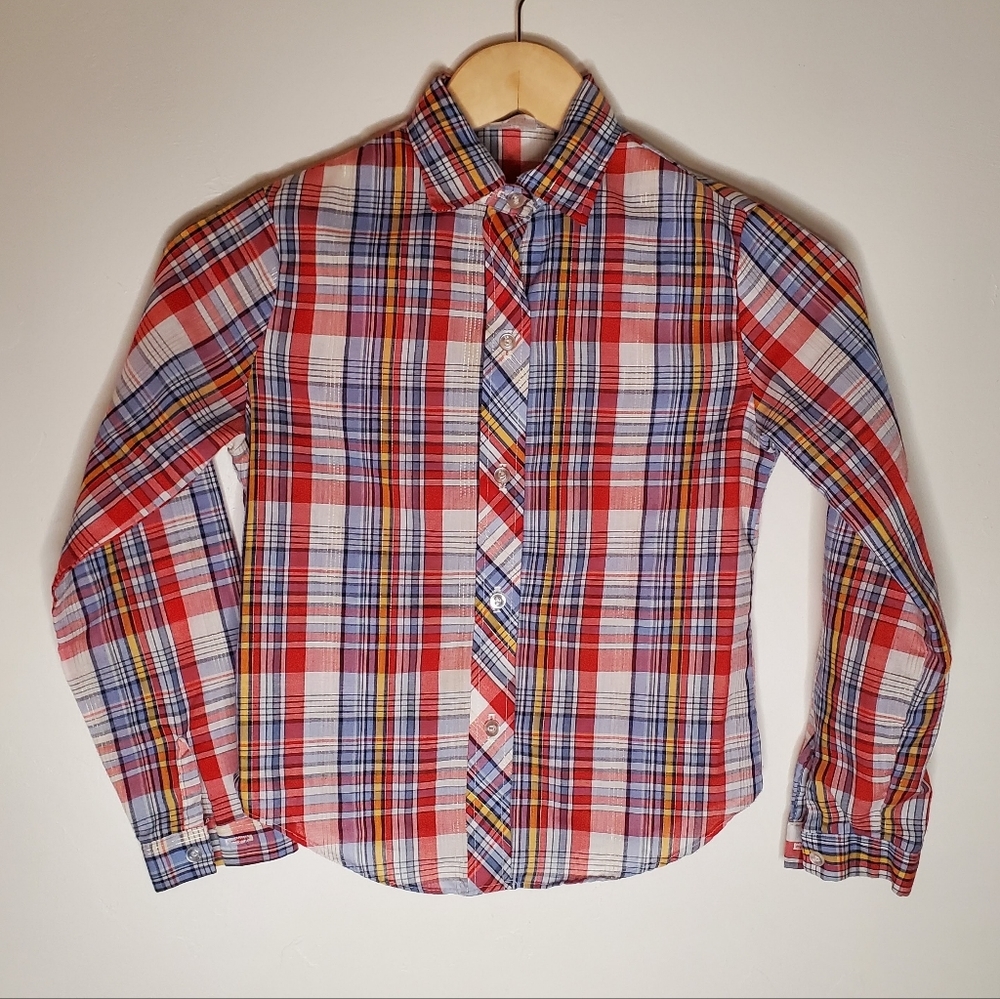 Bright and Basic Multi-color Vintage Plaid Shirt with Metallic Gold Threads - Picture 12 of 12